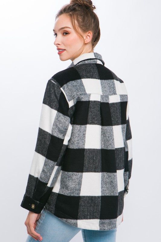 Plaid Button Down Jacket with Front Pocket Detail us.meeeshop - 