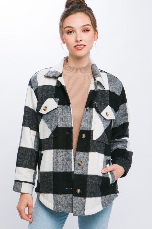 Plaid Button Down Jacket with Front Pocket Detail us.meeeshop - 