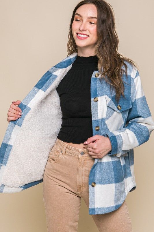 Plaid Button Down Jacket with Front Pocket Detail us.meeeshop - 