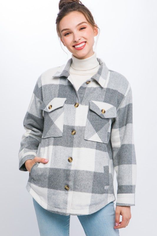 Plaid Button Down Jacket with Front Pocket Detail us.meeeshop - 