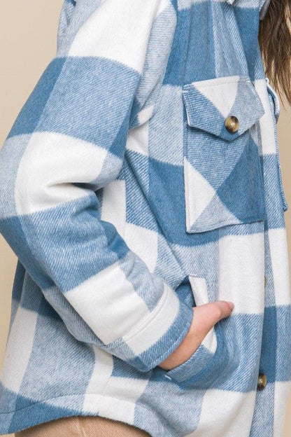 Plaid Button Down Jacket with Front Pocket Detail us.meeeshop - 