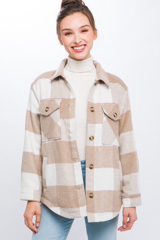 Plaid Button Down Jacket with Front Pocket Detail us.meeeshop - Coats & Jackets