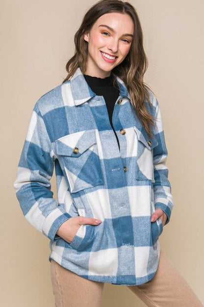 Plaid Button Down Jacket with Front Pocket Detail us.meeeshop - 