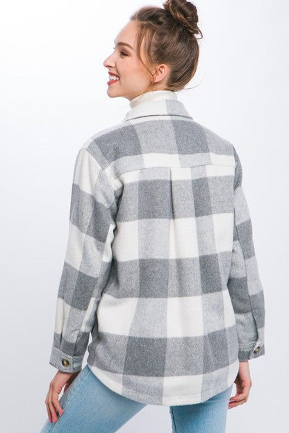 Plaid Button Down Jacket with Front Pocket Detail us.meeeshop - 