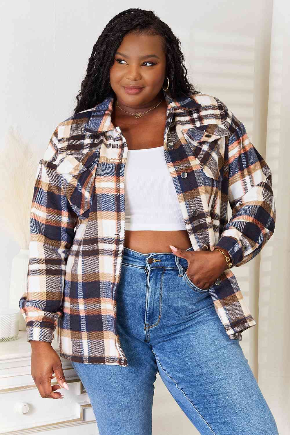 Plaid Button Front Shirt Jacket with Breast Pockets us.meeeshop - 