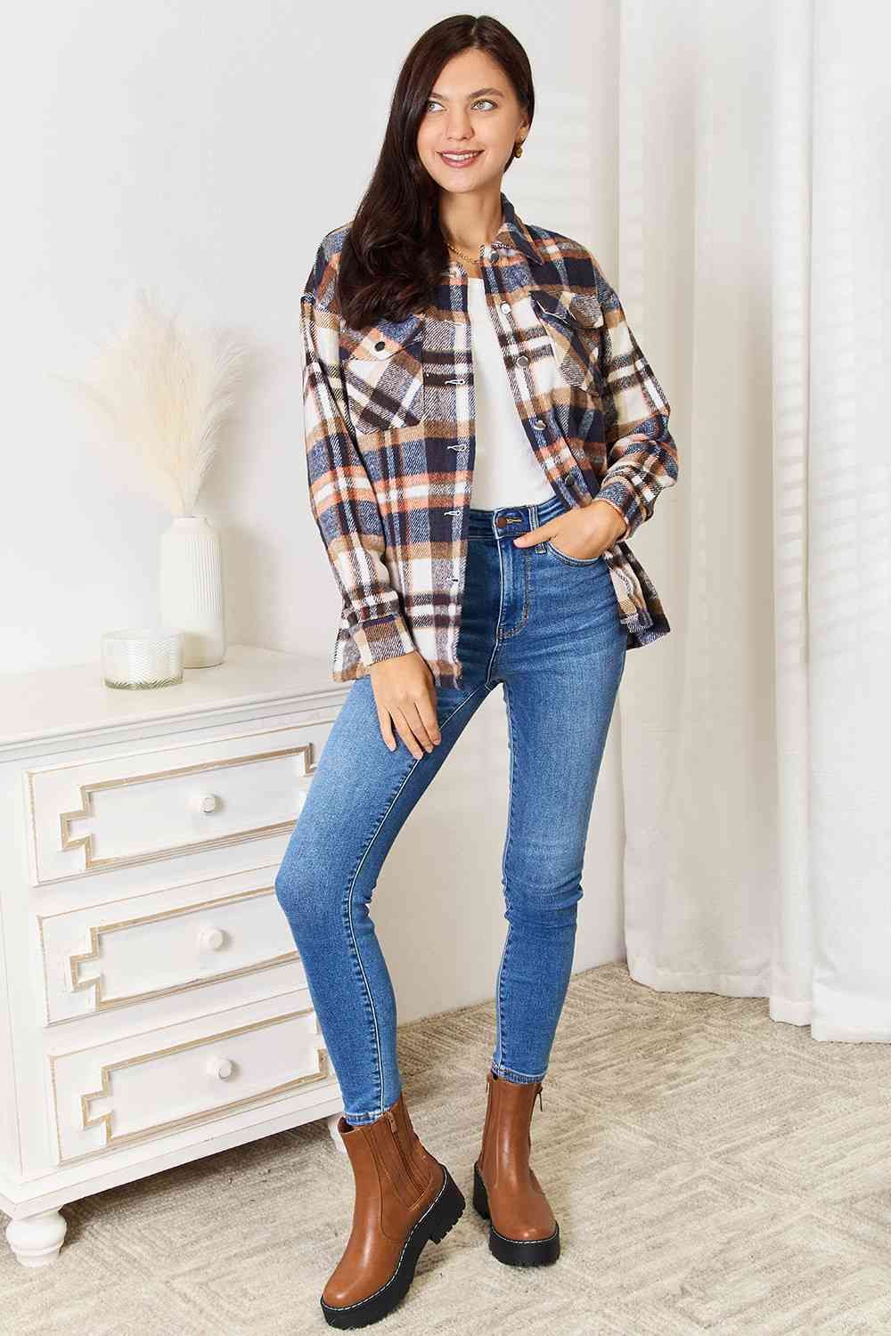 Plaid Button Front Shirt Jacket with Breast Pockets us.meeeshop - 