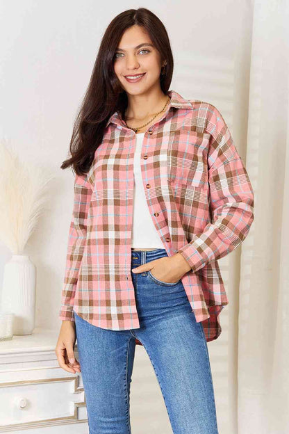 Plaid Collared Neck Long Sleeve Button-Up Shirt us.meeeshop - Shirts & Tops