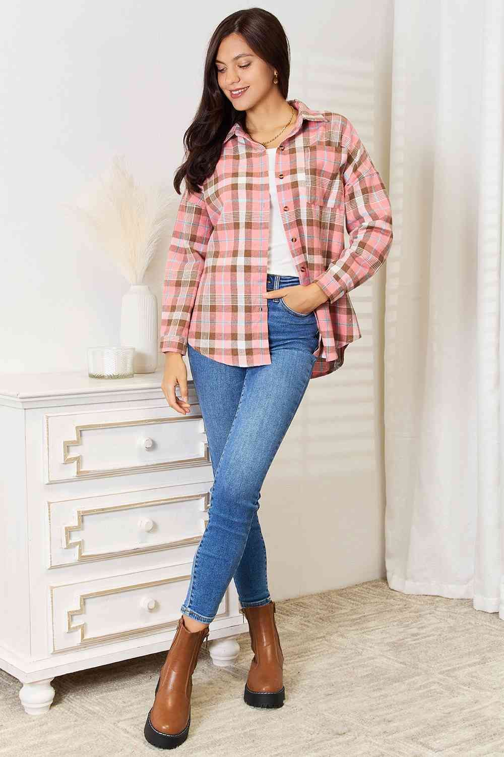 Plaid Collared Neck Long Sleeve Button-Up Shirt us.meeeshop - 