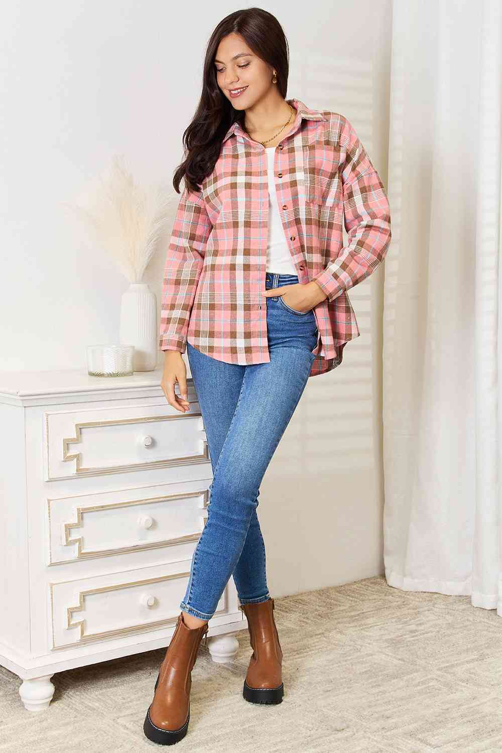 Plaid Collared Neck Long Sleeve Button-Up Shirt | us.meeeshop
