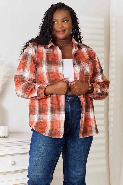 Plaid Collared Neck Long Sleeve Shirt us.meeeshop - 