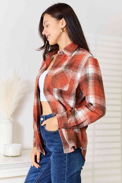 Plaid Collared Neck Long Sleeve Shirt us.meeeshop - 