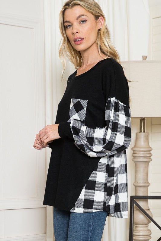 Plaid Contrast Bell Sleeve Sweater Knit us.meeeshop - 