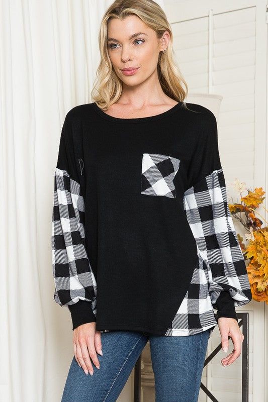 Plaid Contrast Bell Sleeve Sweater Knit us.meeeshop - 