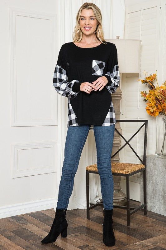 Plaid Contrast Bell Sleeve Sweater Knit us.meeeshop - 