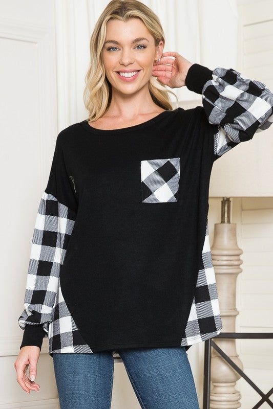 Plaid Contrast Bell Sleeve Sweater Knit us.meeeshop - 