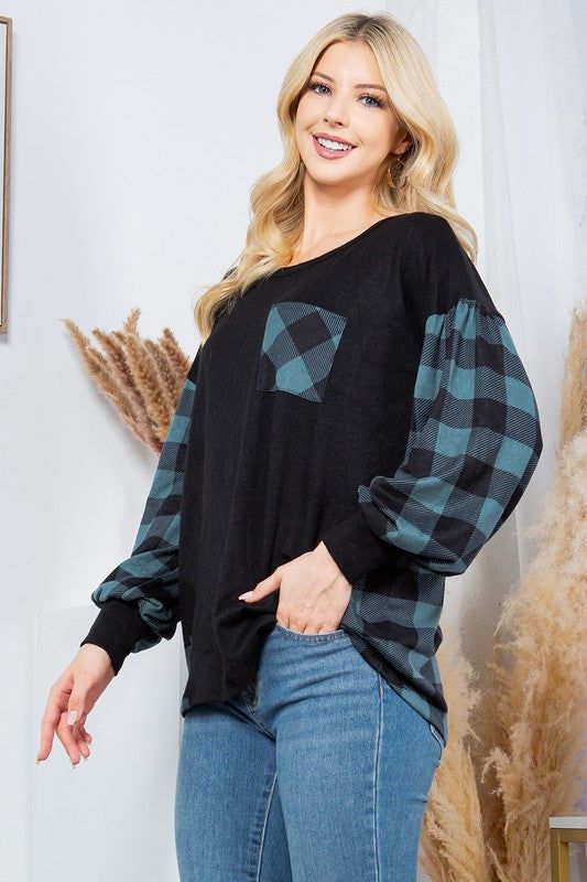 Plaid Contrast Bell Sleeve Sweater Knit us.meeeshop - 