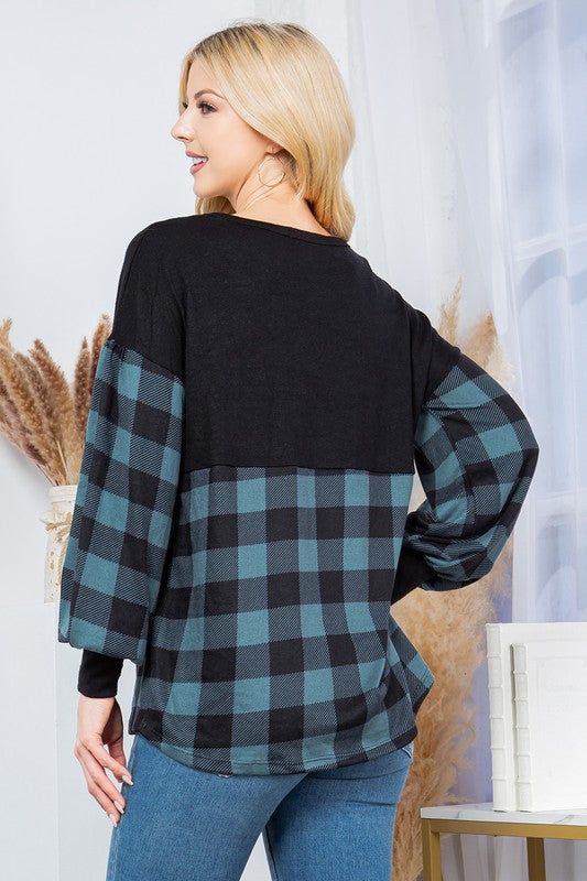 Plaid Contrast Bell Sleeve Sweater Knit us.meeeshop - 