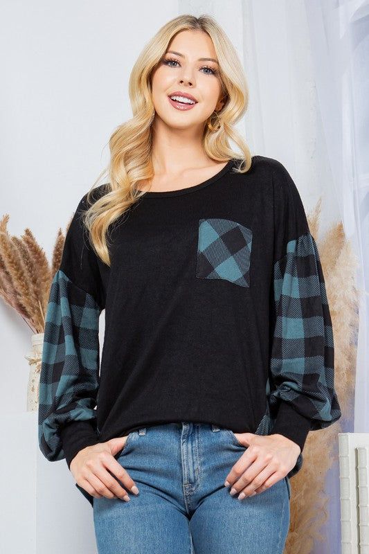 Plaid Contrast Bell Sleeve Sweater Knit us.meeeshop - Shirts & Tops