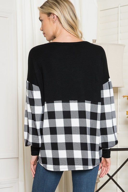 Plaid Contrast Bell Sleeve Sweater Knit us.meeeshop - 