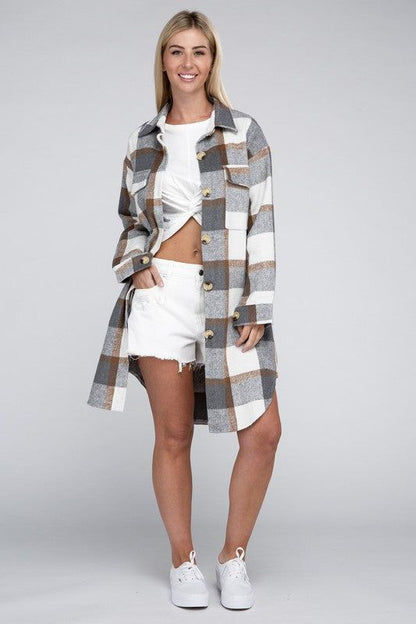 Plaid Flap Pocket Drop Shoulder Shirt us.meeeshop - 