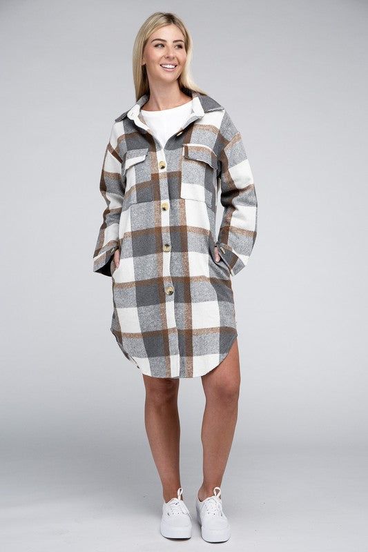 Plaid Flap Pocket Drop Shoulder Shirt us.meeeshop - 