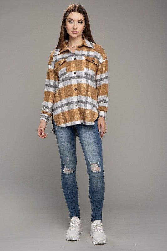 Plaid Flap Pocket Long Sleeve Shacket us.meeeshop - 