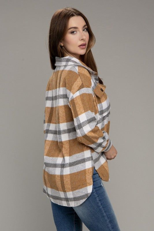 Plaid Flap Pocket Long Sleeve Shacket us.meeeshop - Coats & Jackets