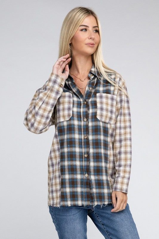 Plaid Patchwork Pockets Shirt us.meeeshop - 