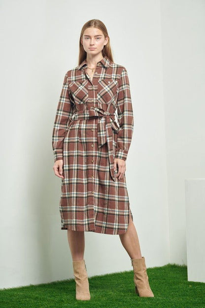 Plaid Print Collar Long Shirt Dress us.meeeshop - Dresses