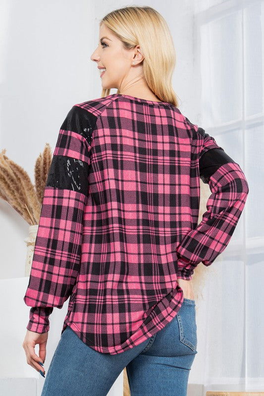 Plaid Print Pullover with Sequin Foil Contrast us.meeeshop - 