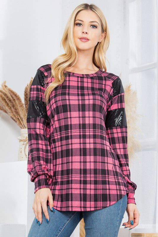 Plaid Print Pullover with Sequin Foil Contrast us.meeeshop - 