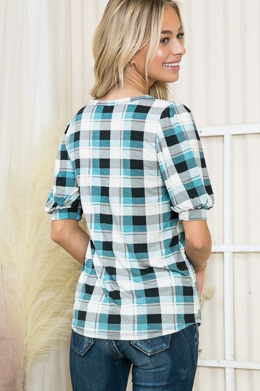 Plaid Puff Sleeve Jersey Top us.meeeshop - 