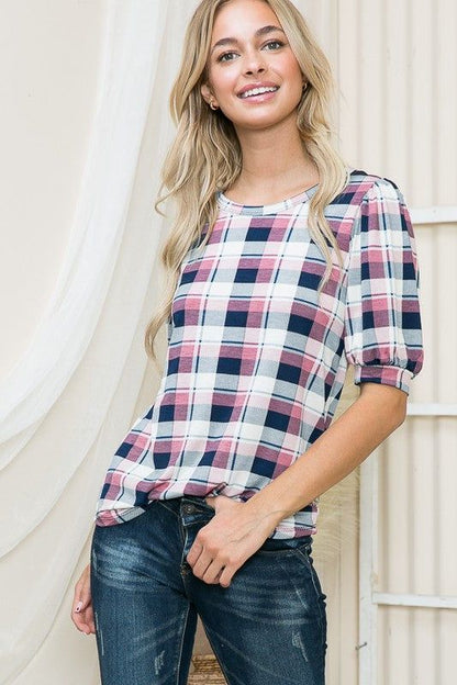 Plaid Puff Sleeve Jersey Top us.meeeshop - Shirts & Tops