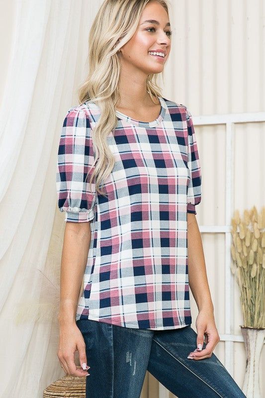 Plaid Puff Sleeve Jersey Top us.meeeshop - 