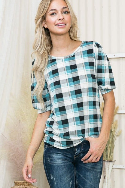 Plaid Puff Sleeve Jersey Top us.meeeshop - 