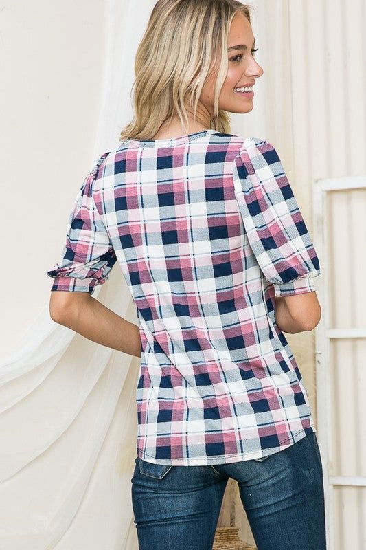 Plaid Puff Sleeve Jersey Top us.meeeshop - 