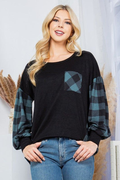 Plaid Contrast Bell Sleeve Sweater Knit | us.meeeshop