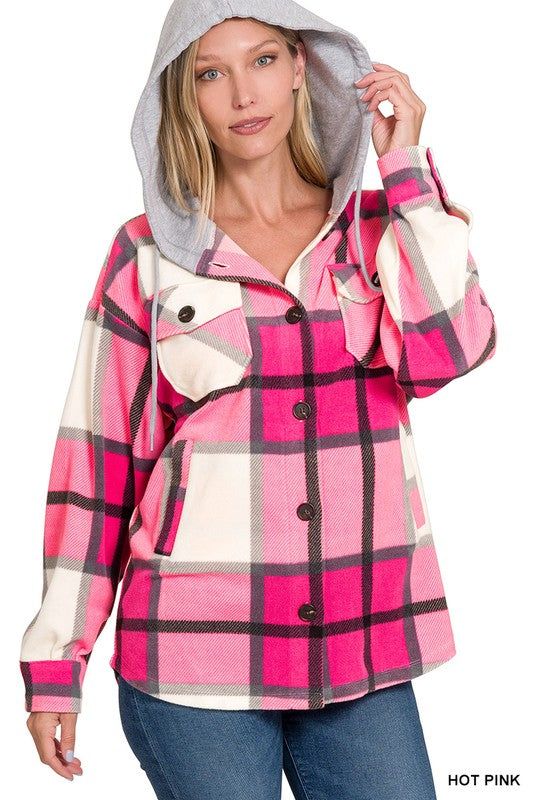 Zenana Plaid Drawstring Hooded Fleece Shacket - us.meeeshop