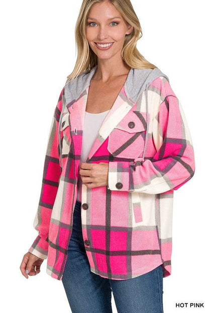 Zenana Plaid Drawstring Hooded Fleece Shacket - us.meeeshop