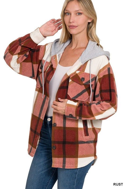 Zenana Plaid Drawstring Hooded Fleece Shacket - us.meeeshop