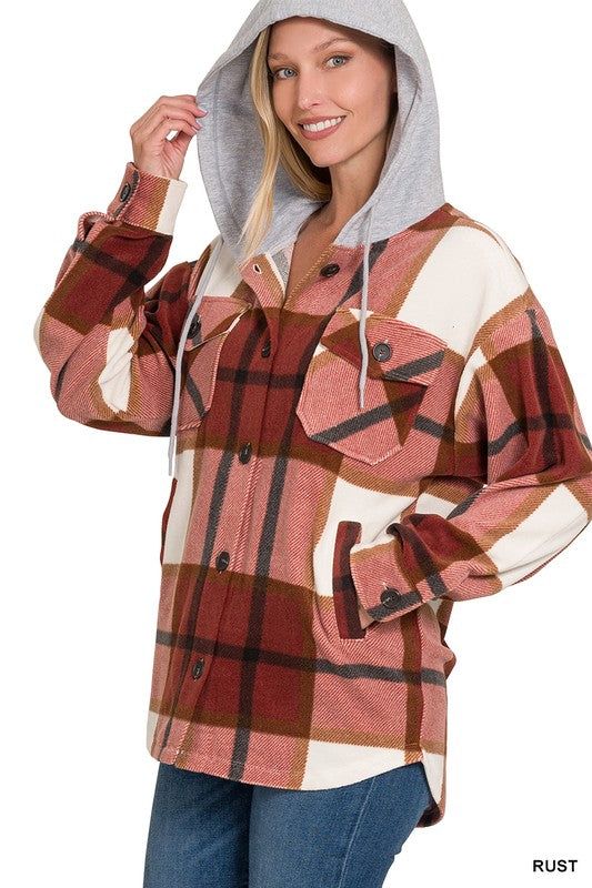 Zenana Plaid Drawstring Hooded Fleece Shacket - us.meeeshop