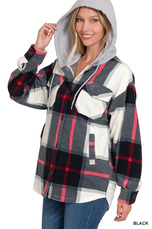 Zenana Plaid Drawstring Hooded Fleece Shacket - us.meeeshop