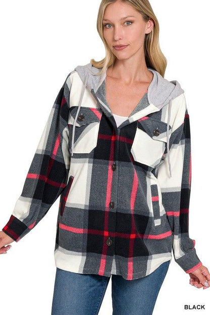 Zenana Plaid Drawstring Hooded Fleece Shacket - us.meeeshop