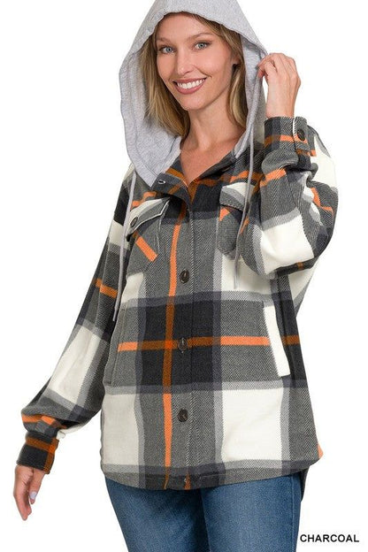 Zenana Plaid Drawstring Hooded Fleece Shacket - us.meeeshop