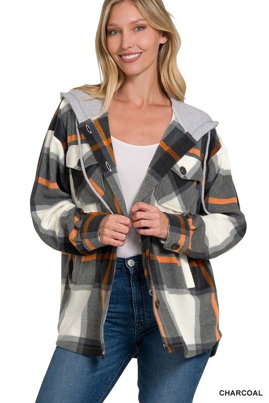 Zenana Plaid Drawstring Hooded Fleece Shacket - us.meeeshop