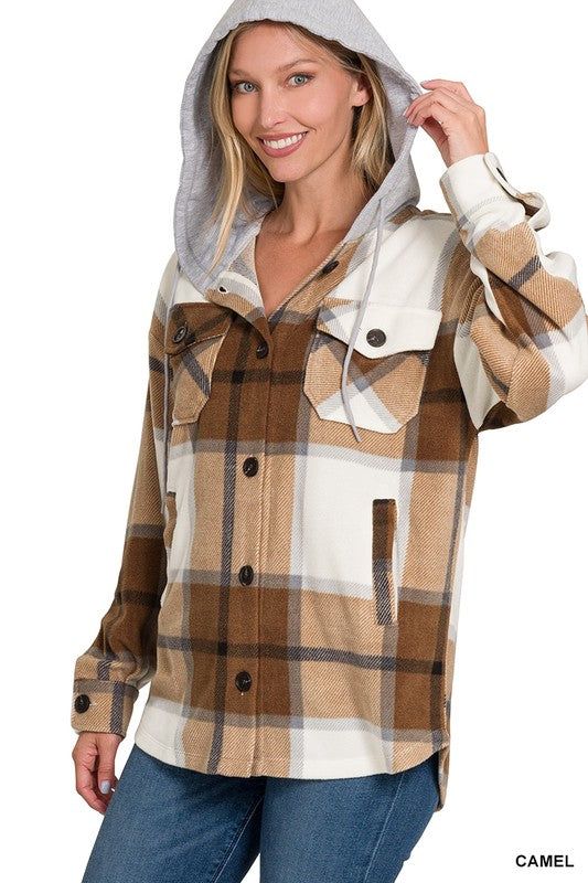 Zenana Plaid Drawstring Hooded Fleece Shacket - us.meeeshop