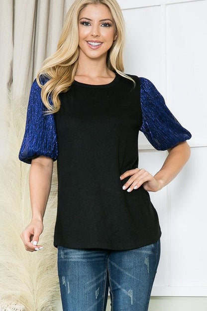 Pleat Bubble Sleeve Knit Top-Royal Blue us.meeeshop - 