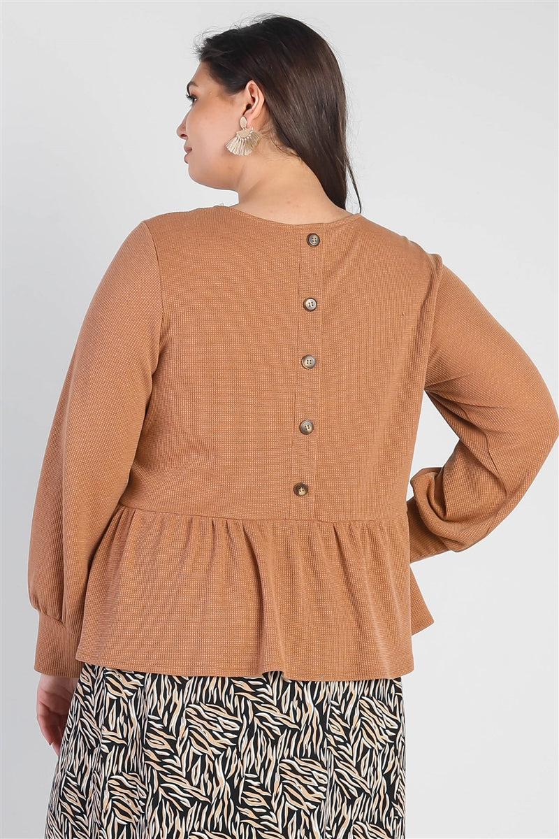 Plus Caramel Waffle Knit Back Button Detail Long Sleeve Top | us.meeeshop