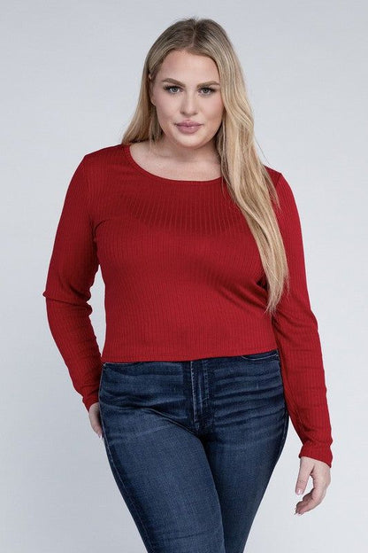 Plus Classic Ribbed Round Neck Long Sleeve us.meeeshop - Shirts & Tops