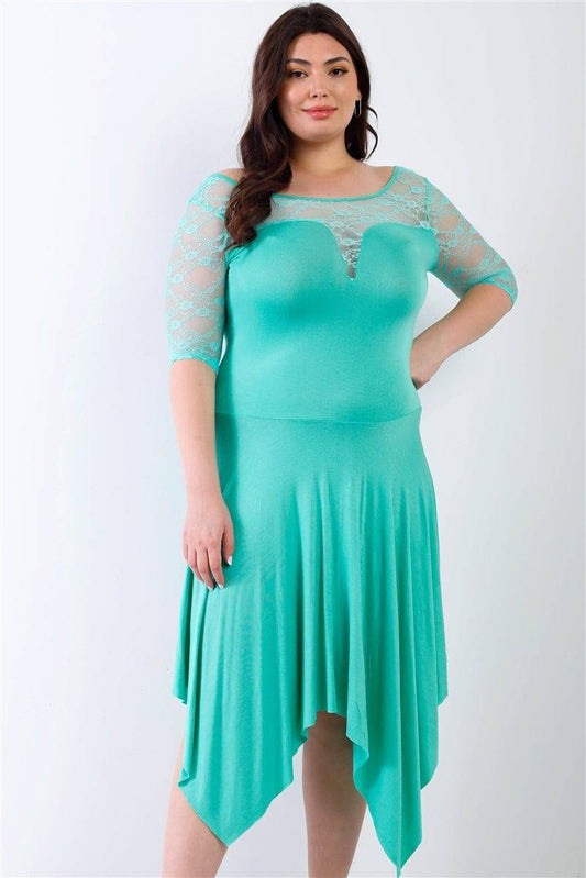 Plus Mint Lace Details Handkerchief Hem Midi Dress | us.meeeshop